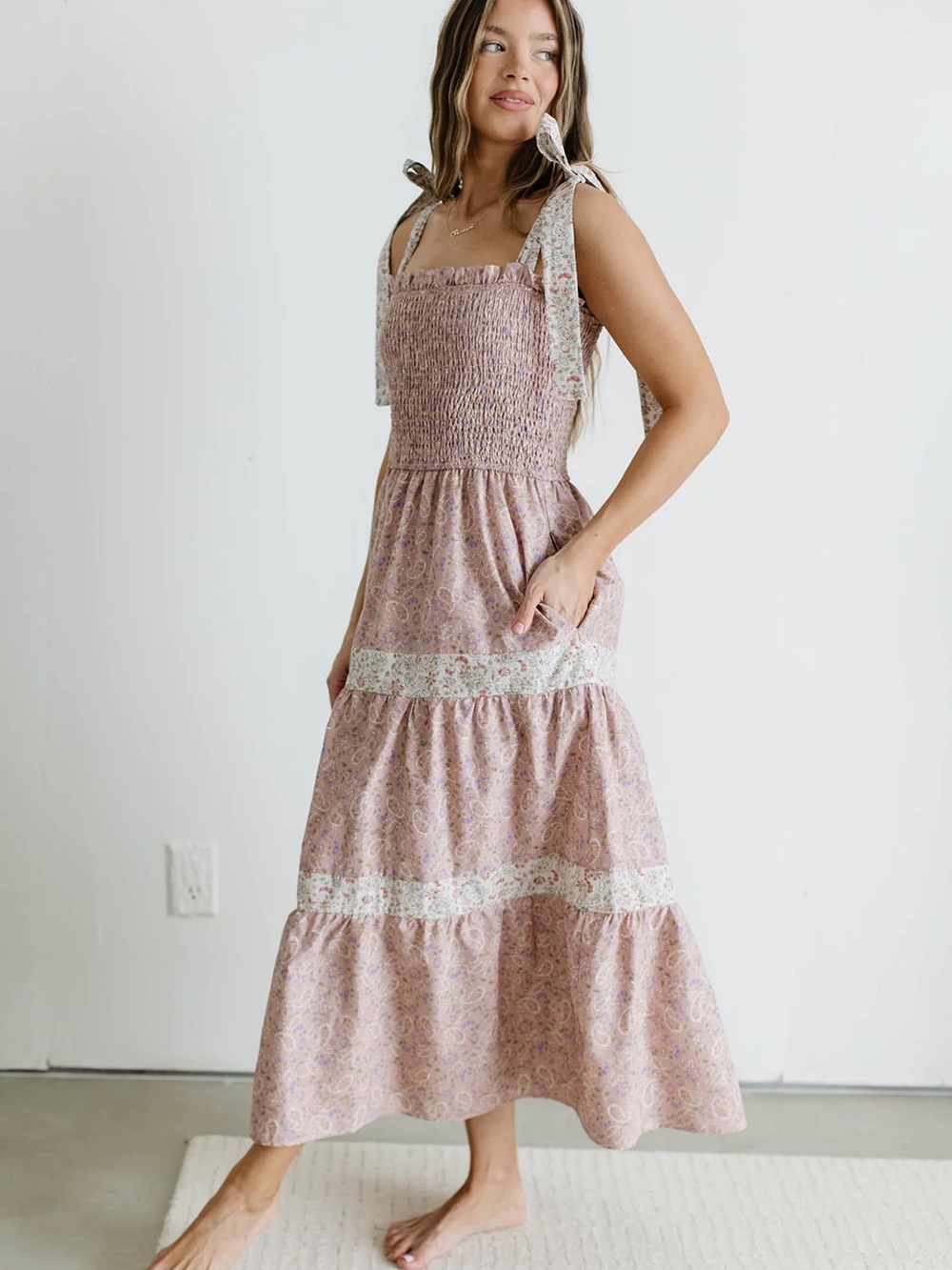 Smocked Tie-Strap Maxi Dress in Blush Pink - Picture 2 of 5